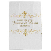 ホワイト&ライト金ゴールドフローラレース結婚のデザイン ミディアムペーパーバッグ (裏面)