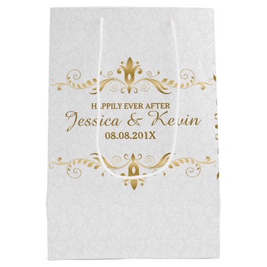 ホワイト&ライト金ゴールドフローラレース結婚のデザイン ミディアムペーパーバッグ (裏面)