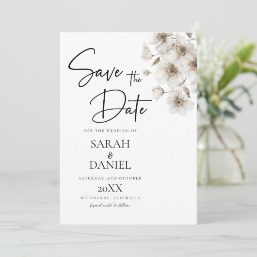 ホワイト ラスティック フラワー エレガント ウェディング セーブザデート (スタンド正面)