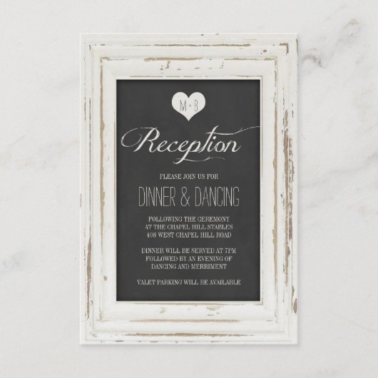 ホワイト ラスティック フレーム チョーク ウェディング レセプション エンクロージャーカード (正面)