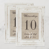 ホワイト ラスティック フレーム & バルラップ プリント テーブル ナンバー 招待状 (正面/裏面)