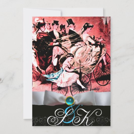 ホワイト リボン アクアブルー ブラック ダマスク モノグラム 招待状 (正面)