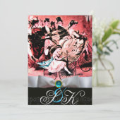 ホワイト リボン アクアブルー ブラック ダマスク モノグラム 招待状 (スタンド正面)