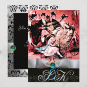 ホワイト リボン アクア ブルー ブラック ダマスク モノグラム 招待状 (正面/裏面)