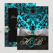 ホワイト リボン ティール アクア ブルー ブラック ダマスク モノグラム 招待状 (正面/裏面)
