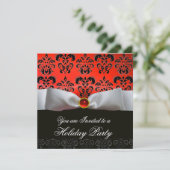 ホワイト リボン レッド ブラック ダマスク ホリデー パーティー 招待状 (スタンド正面)