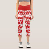 ホワイト&レッドサンタ顔と雪だるまパターン カプリレギンス (正面)