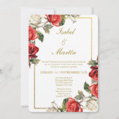 ホワイト&レッドローズエレガントなウェディングスペインの 招待状 (正面)
