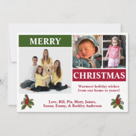 ホワイト、レッド、グリーン モダン 3 フォト クリスマス カード