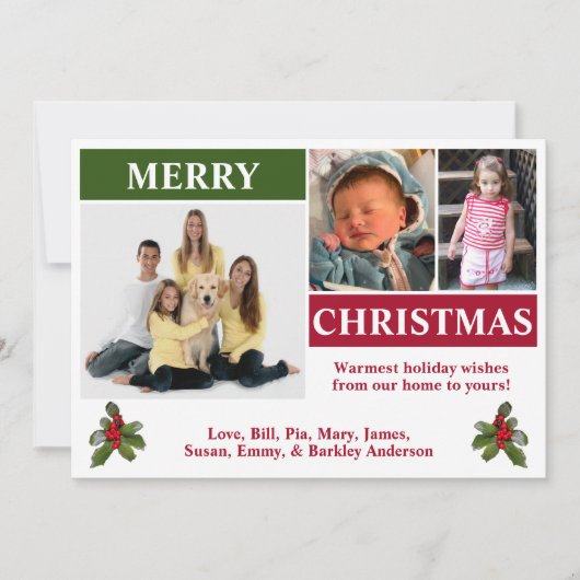 ホワイト、レッド、グリーン モダン 3 フォト クリスマス カード (正面)