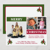 ホワイト、レッド、グリーン モダン 3 フォト クリスマス カード (正面/裏面)