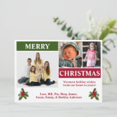 ホワイト、レッド、グリーン モダン 3 フォト クリスマス カード (スタンド正面)