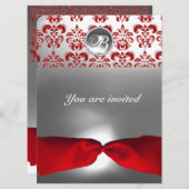 ホワイト レッド リボン ダマスク ジェム ストーン モノグラム 招待状 (正面/裏面)