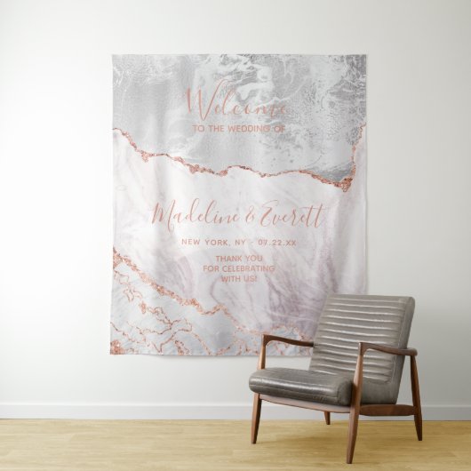 ホワイト&ローズゴールドのアゲート大理石 ウェディングウェルカム タペストリー (インサイチュ)