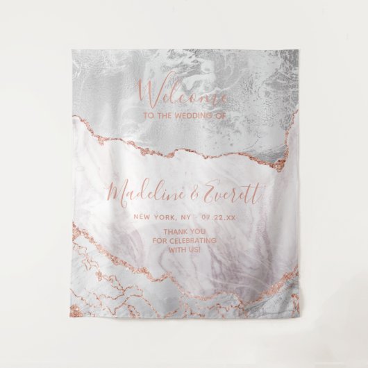 ホワイト&ローズゴールドのアゲート大理石 ウェディングウェルカム タペストリー (正面)
