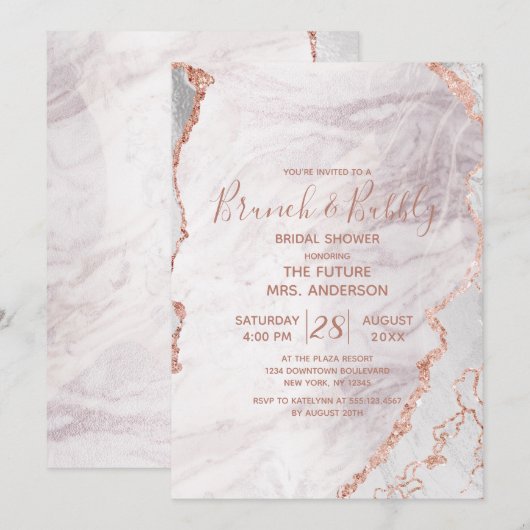 ホワイト＆ローズゴールドのブランチ＆バブルリー ブライダルシャワー 招待状 (正面/裏面)