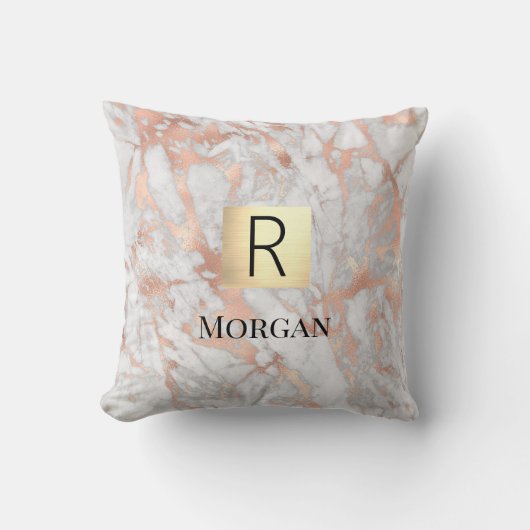 ホワイト＆ローズゴールド大理石 ゴールド ボックス 名前 & イニシャル クッション (正面)