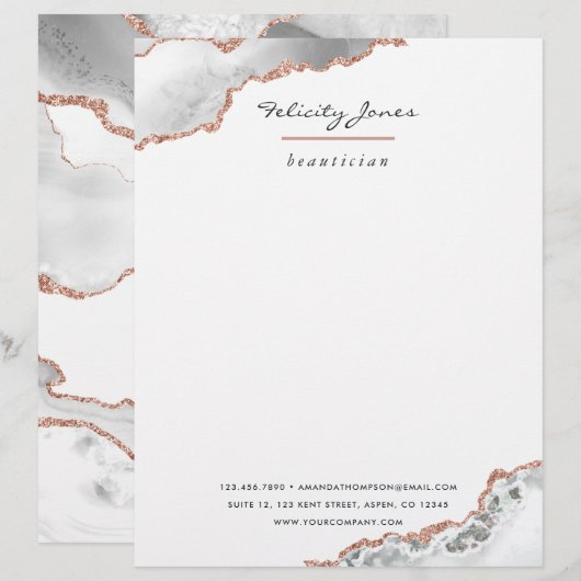 ホワイト ローズゴールド アゲート ストーン ビジネス レターヘッド (正面/裏面)
