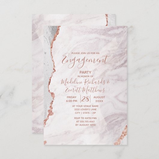 ホワイト&ローズゴールド アゲート マーブル 結婚式のお知らせパーティー 招待状 (正面/裏面)