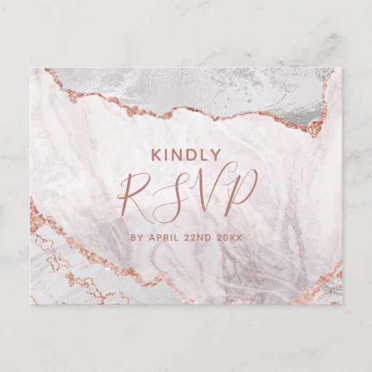 ホワイト＆ローズゴールド アゲート 結婚式 料理選択 RSVP インビテーションポストカード (正面)