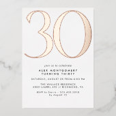 ホワイト & ローズゴールド シンプルなエアリーな30歳の誕生日 箔招待状 (正面)