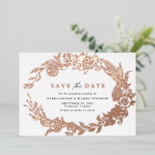 ホワイト×ローズゴールド モダンフラワー Save the Date 箔招待状 (立ち正面)