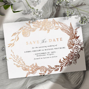 ホワイト×ローズゴールド モダンフラワー Save the Date 箔招待状