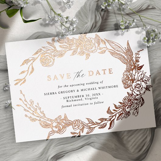 ホワイト×ローズゴールド モダンフラワー Save the Date 箔招待状