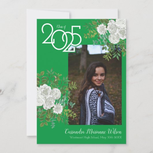 ホワイト・ローズ・グリーン写真卒業発表 招待状 (正面)