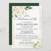 ホワイト・ローズ&グリーン葬儀お祝い・オブ・ライフ 招待状 (正面/裏面)