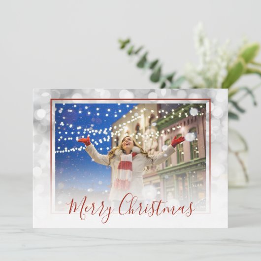 ホワイト《写真》ぼけ味レッドフレームカスタムクリスマスメリークリスマスフォト シーズンカード (スタンド正面)