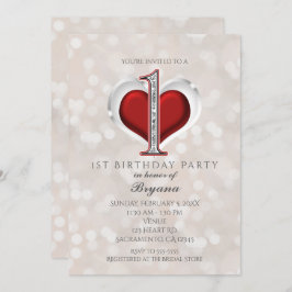 ホワイト《写真》ぼけ味&レッドバレンタイングラム1st誕生日 招待状