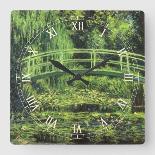 ホワイト《植物》スイレンバイクロード・モネ，ヴィンテージ・アート スクエア壁時計 (正面)
