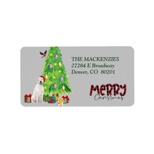 ホワイト(犬)スタッフォードテリアとクリスマスツリー ラベル (正面)