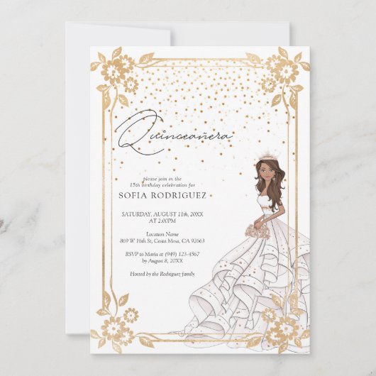 ホワイト&王室の金ゴールドドレスキンセアニェラ誕生日 招待状 (正面)