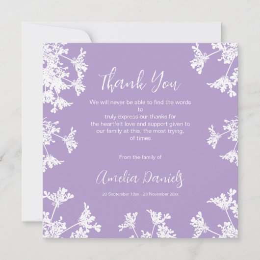 ホワイト&薄紫ワイルドフラワー葬儀サンキューカード 招待状 (正面)