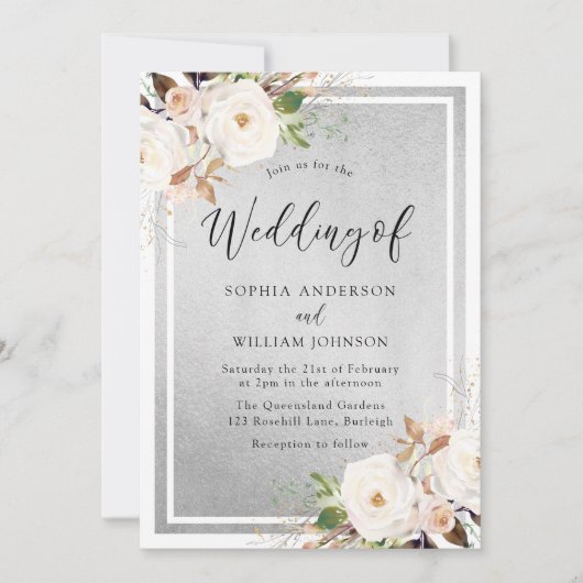 ホワイト&赤面フラワーシルバーエレガントな結婚式 招待状 (正面)