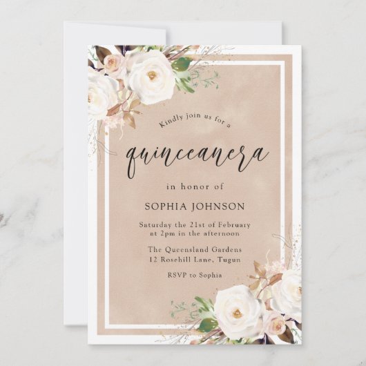 ホワイト&赤面フラワーズウォーター色キンセアニェラパーティー 招待状 (正面)