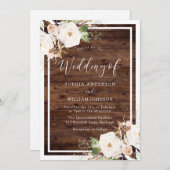 ホワイト&赤面フ素朴ァラーズ結婚ウッド 招待状 (正面/裏面)