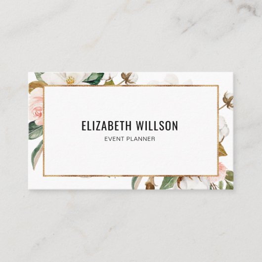 ホワイト&赤面マグノリアフローラ金ゴールドグリッターフレーム 名刺 (正面)