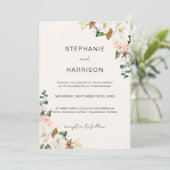 ホワイト&赤面マグノリア結婚フローラのQRコード 招待状 (スタンド正面)