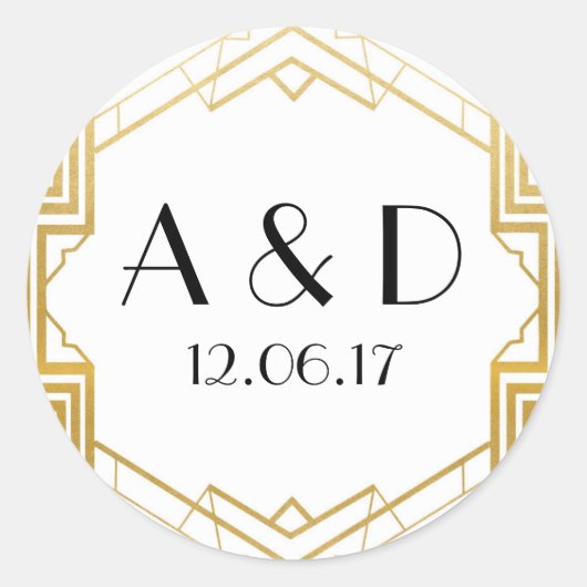 ホワイト&金ゴールドアールデコ1920のラウンドステッカーラベル ラウンドシール (正面)