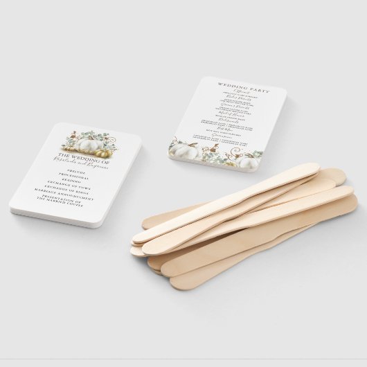 ホワイト&金ゴールドカボチャ秋の結婚式プログラム ハンドファン (組立なし)