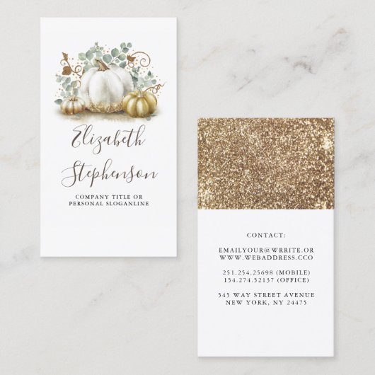 ホワイト&金ゴールドカボチャ秋ハーベストデコール 名刺 (正面/裏面)