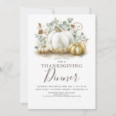 ホワイト&金ゴールドカボチャ秋感謝祭ディナー 招待状 (正面)