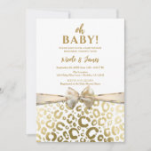 ホワイト&金ゴールドグラムヒョウ印刷ベビーシャワー 招待状 (正面)