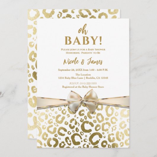ホワイト&金ゴールドグラムヒョウ印刷ベビーシャワー 招待状 (正面/裏面)