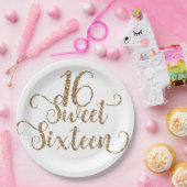 ホワイト&金ゴールドグリッタースウィート16バースデーパーティー ペーパープレート (パーティー)
