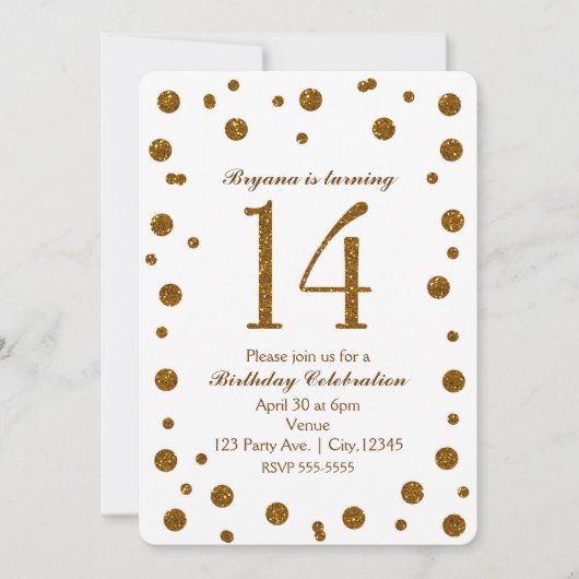 ホワイト&金ゴールドグリッタードットスウィート14バースデーパーティー 招待状 (正面)
