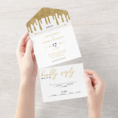 ホワイト&金ゴールドグリッタードリッ結婚プの オールインワン招待状 (貼ってはがせる)